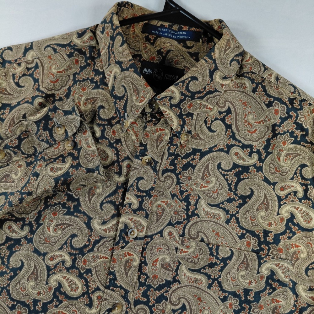 Alan Flusser Mens Paisley Button Down Shirt Cotton Long Sleeve Earth Tone XL